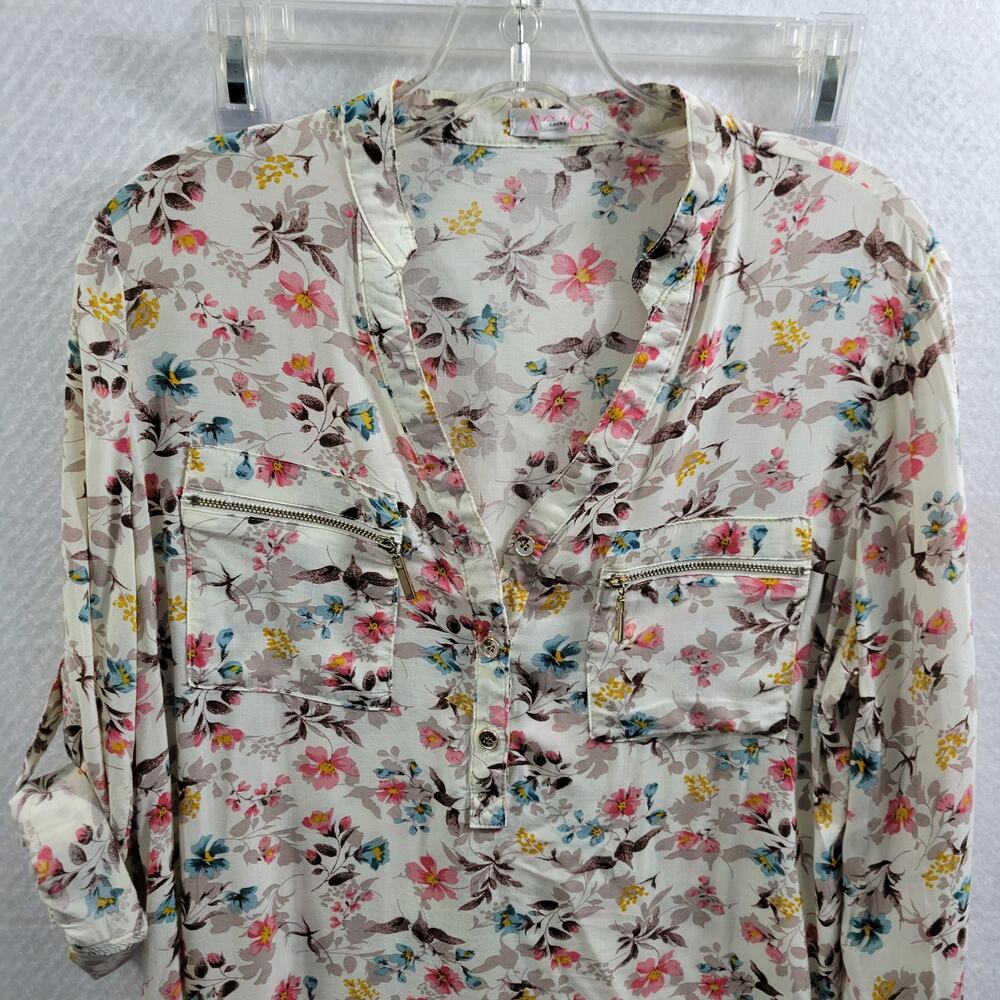 Agaci Women's Floral Blouse Gold Zippered Pockets Size L 11824-0627 - Picture 2 of 6